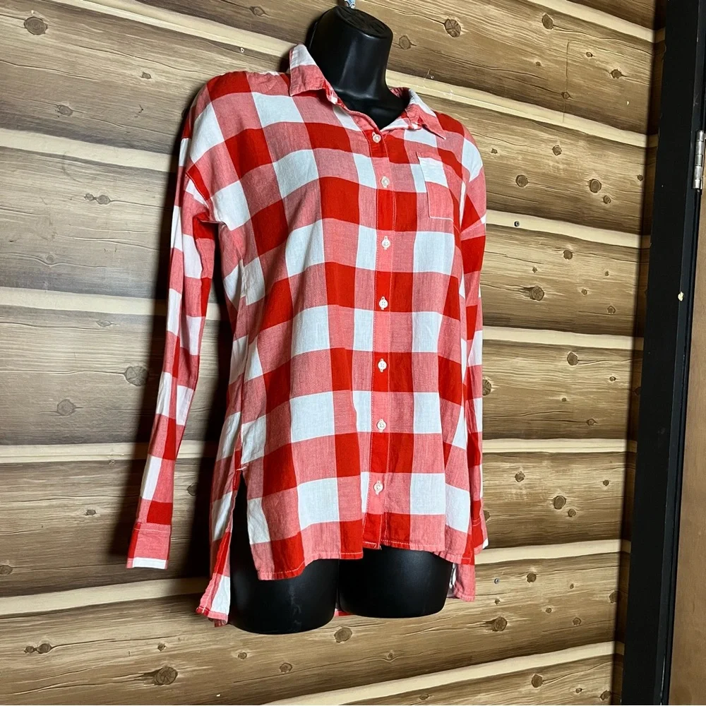 5/$25 Old navy girl long sleeve bottoms down‎ red white plaid shirt size 14 XL